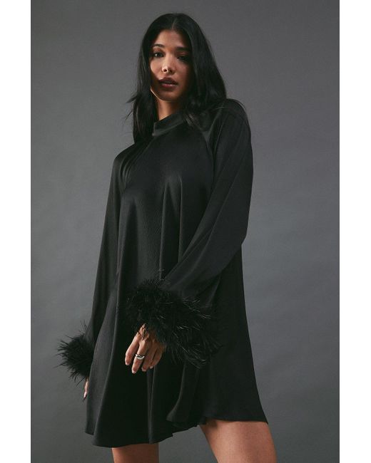 Warehouse Black Feather-Trimmed Satin Swing Mini Dress