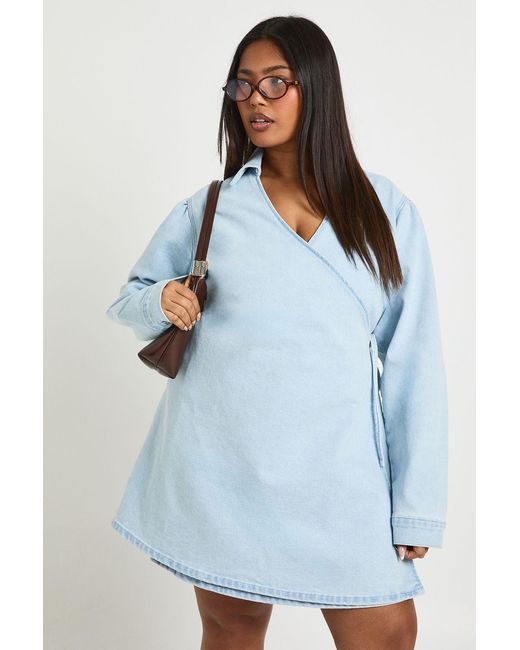 Boohoo Blue Plus Denim Wrap Dres