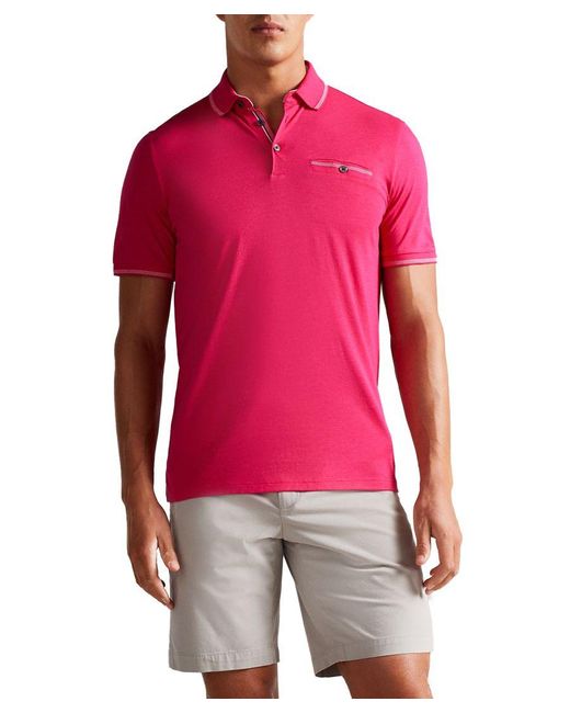Ted Baker Red Tortila Ss Polo With Birdseye Stripe Collar Detail for men