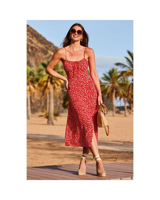 Sosandar Orange Floral Print Ruched Detail Strappy Midi Dress