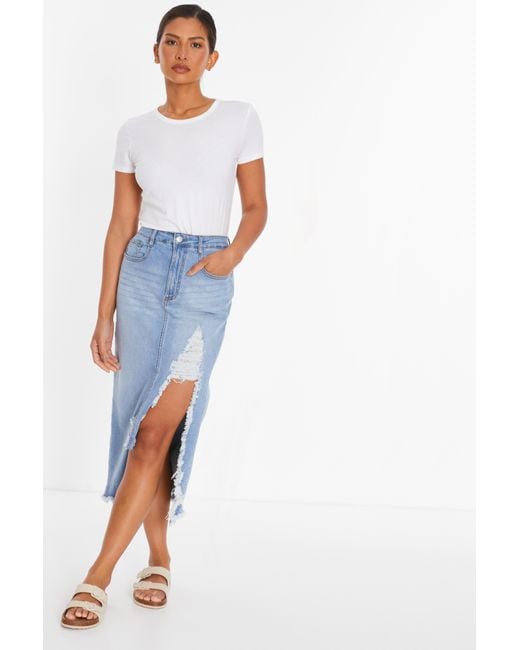 Quiz Denim Extreme Rip Midi Skirt Cotton in White Lyst UK