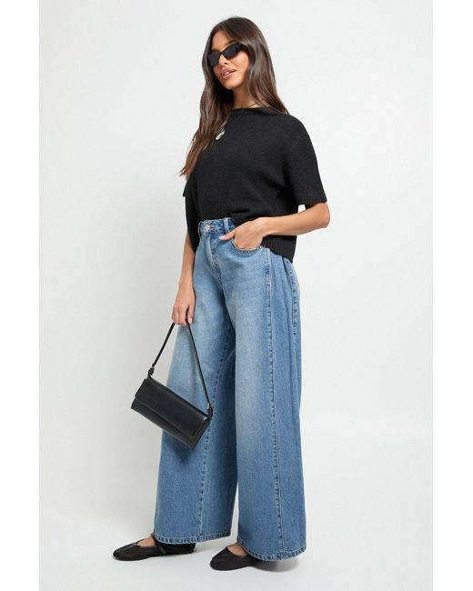 Boohoo Blue High Waist Panel Insert Super Wide Leg Jeans