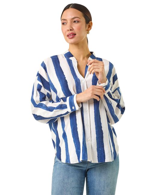 Roman Blue Stripe Print Relaxed Button Shirt
