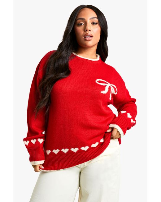 Boohoo Red Plus Oversized Heart & Bow Jumper