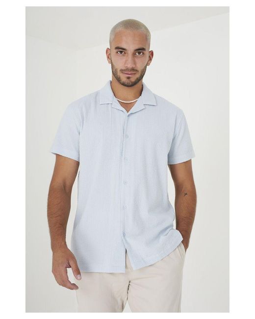 Brave Soul White Pale Blue 'luca' Short Sleeve Fine Stripe Revere Collar Shirt for men