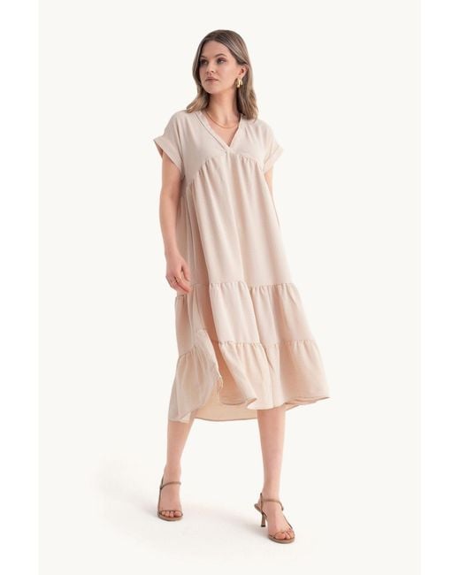 Hiccup Natural V Neck Tiered Midi Casual Dress