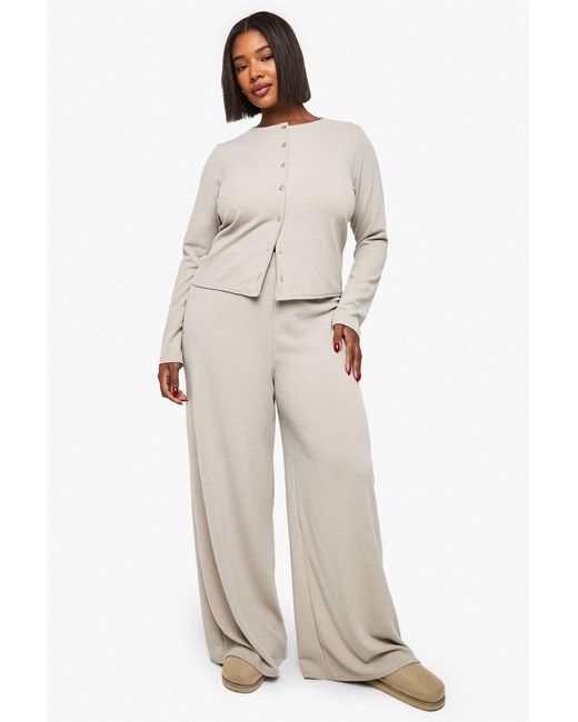 Boohoo Natural Plus Rib Button Cardigan Sleeve Top And Trouser Co-Ord