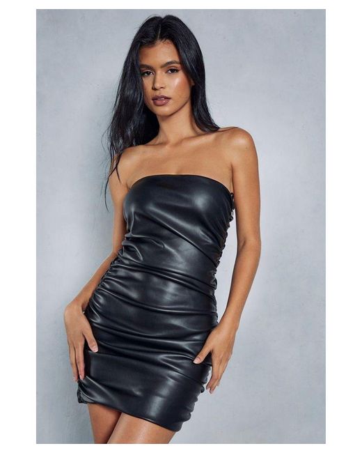 MissPap Blue Leather Look Ruched Bandeau Bodycon Mini Dress