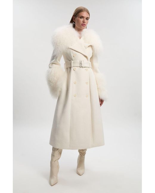 Karen Millen Natural Brushed Wool & Shearling Tailored Double Breasted Belted Midi Coat