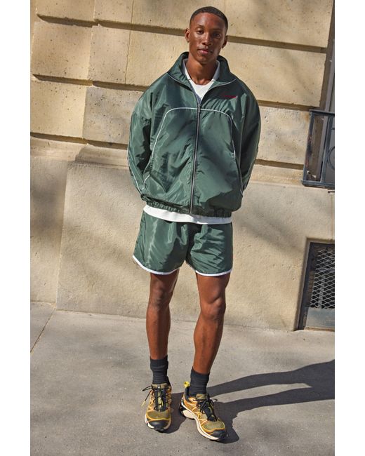 BoohooMAN Green Boxy Shell Seam Embroidered Funnel Dual Zip Short Tracksuit for men
