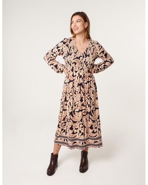 Blue Vanilla Natural V Neck Shirred Border Print Midi Dress