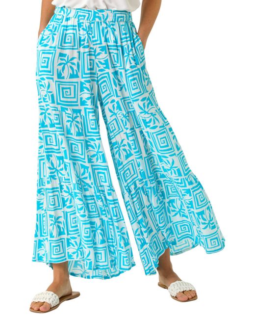 Roman Blue Palm Tile Print Tiered Palazzo Trouser