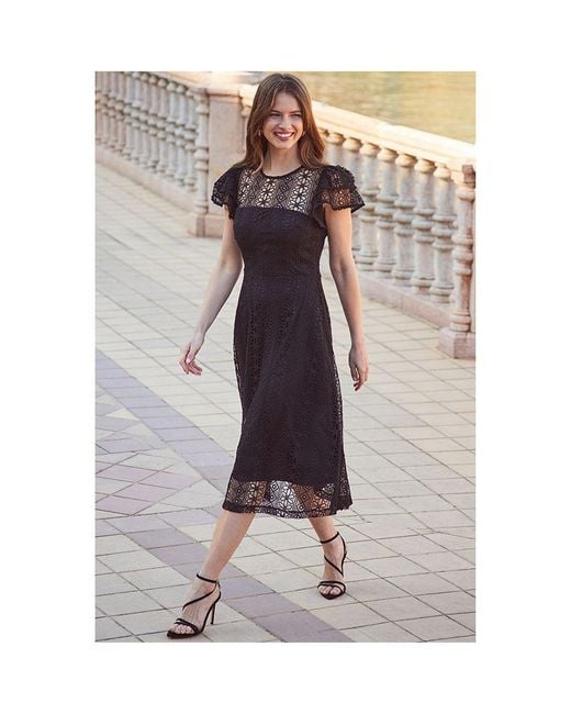 Sosandar Black Broderie Lace Flutter Sleeve Fit & Flare Midi Dress