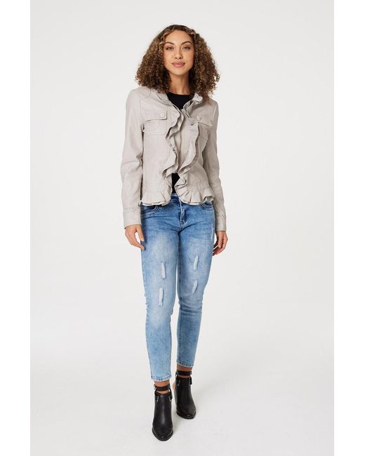 Izabel London Blue Frilled Front Faux Leather Jacket