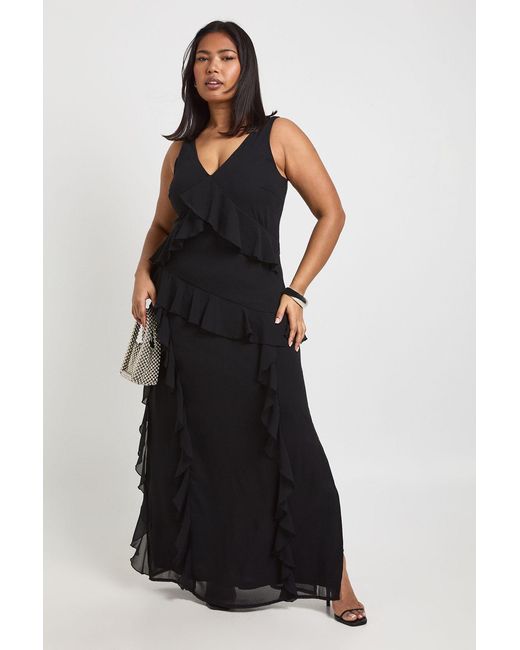 Boohoo Black Plus Asymmetric Waist Ruffle Maxi Dress