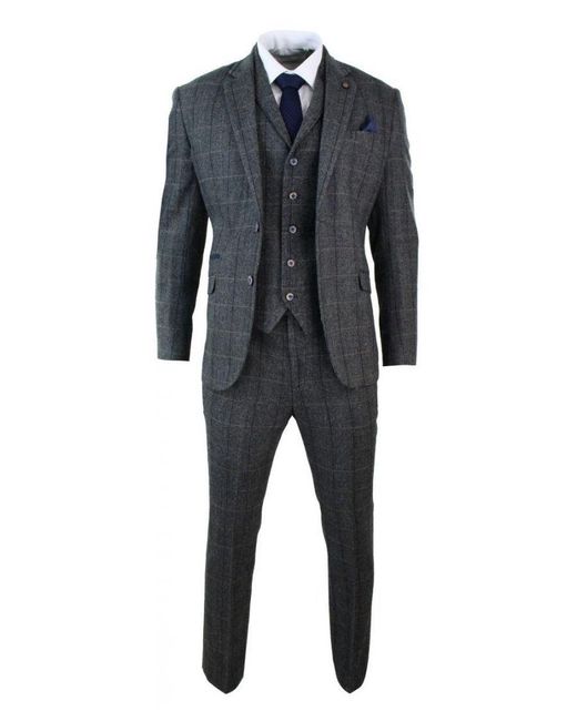 Infinity Leather Black 3 Piece Check Tweed Herringbone Vintage Classic Suit for men