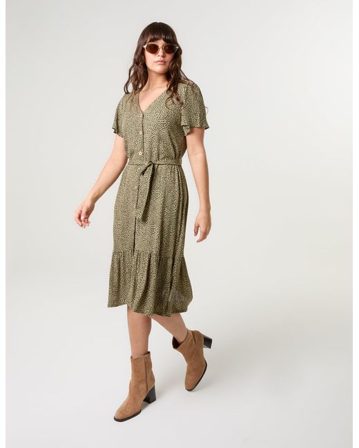 Blue Vanilla Natural Coconut Button V Neck Tie Waist Midi Dress
