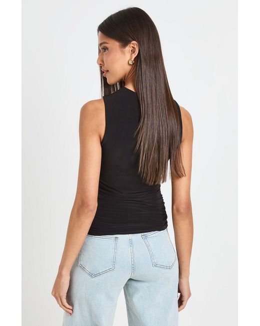 Boohoo Black Ruched Waist Slinky Top With Twist Neck Tim
