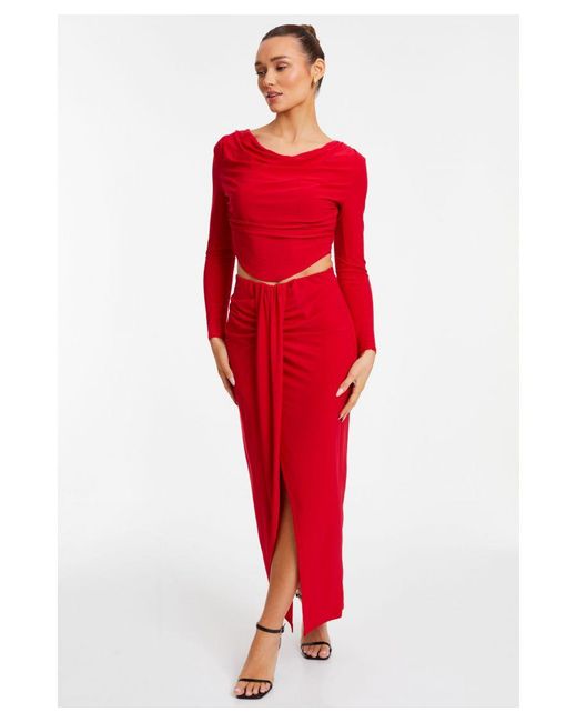 Quiz Red Ruched Split Maxi Skirt