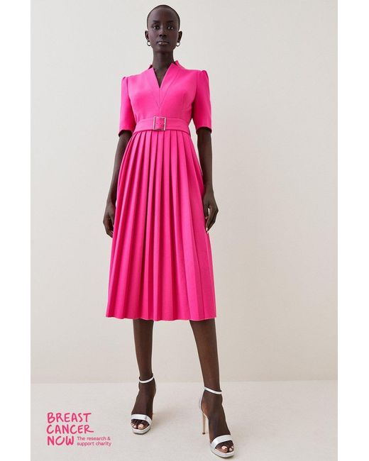 Karen Millen Pink Tailored Structured Crepe Forever Pleat Belted Midi Dress