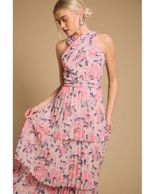 Oasis Pink Halterneck Pleated Tiered Maxi Dress
