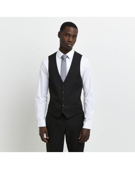 River Island White Suit Waistcoat Black Skinny Fit Twill for men