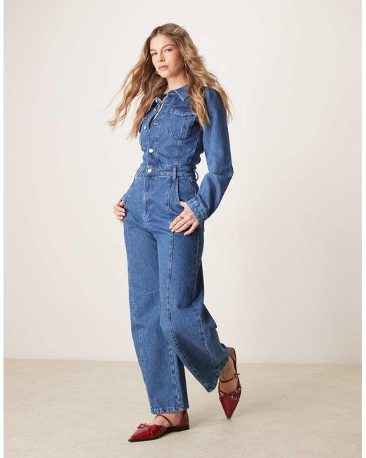 ASOS Blue Denim Barrel Leg Long Sleeve Jumpsuit