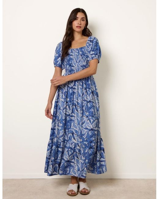 Blue Vanilla Blue Large Floral Printed Square Neck Puff Sleeve Dress