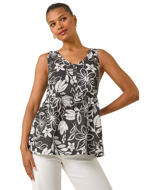 Roman White Floral V-Neck Buttoned Top