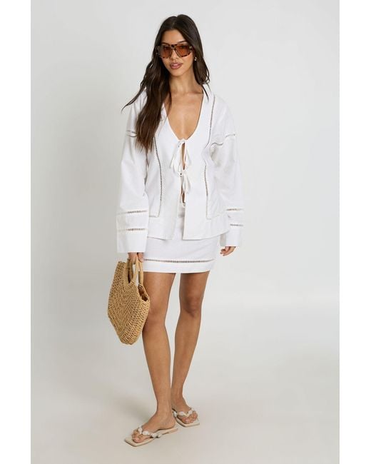 Boohoo White Linen Ladder Insert Tie Front Shirt And Mini Skirt Co-Ord