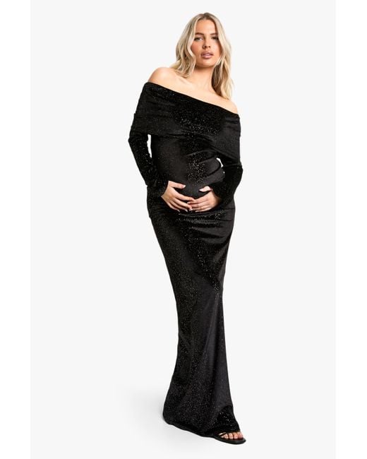 Boohoo Black Maternity Velvet Sequin Bardot Maxi Dress