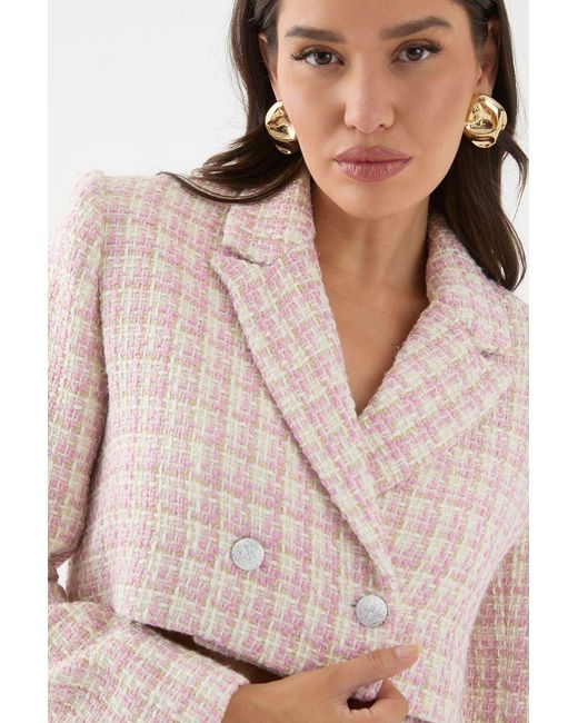 MissPap Pink Premium Boucle Cropped Double Breasted Blazer