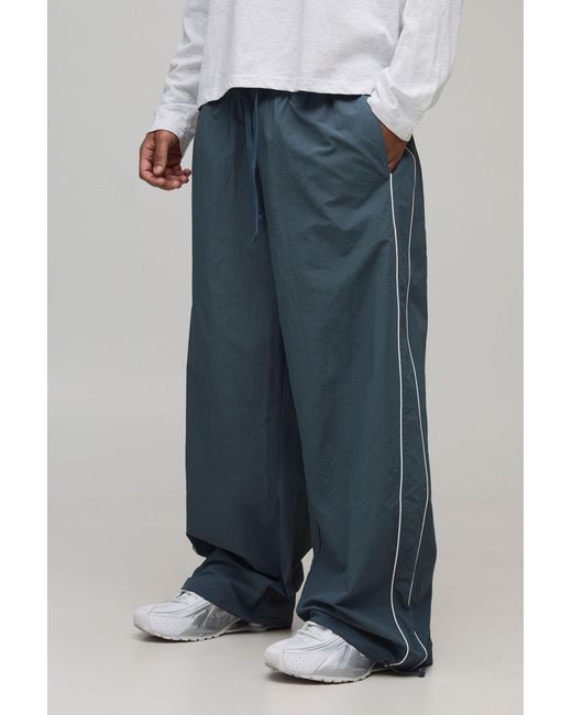 BoohooMAN Blue Parachute Fit Nylon Piping Detail Trousers for men