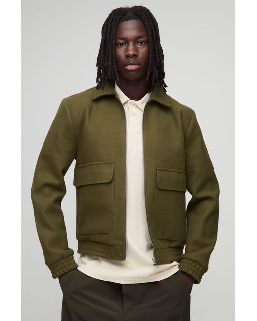 BoohooMAN Green Regular Fit Melton Zip Through Harrington Jacket for men