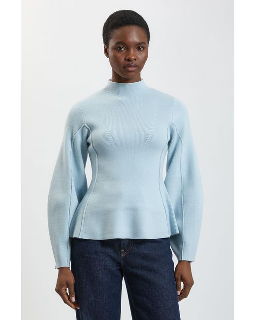 Karen Millen Blue Knit Wool Look Rounded Sleeve High Neck Jumper