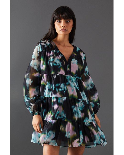 Warehouse Gray Floral Print Organza Smock Dress