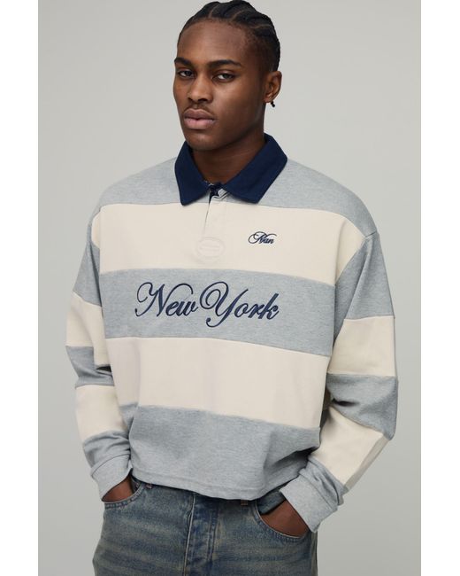 BoohooMAN Gray Oversized Shrunken Boxy New York Embroidered Stripe Rugby Polo for men