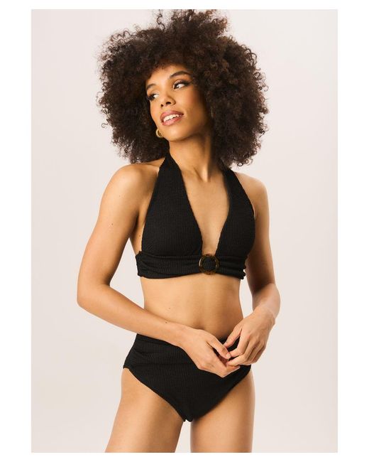 Gini London Black Textured Halter Bikini Top With Ring Detail