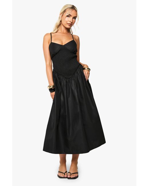 Boohoo Black Shirred Strappy Midaxi Dress
