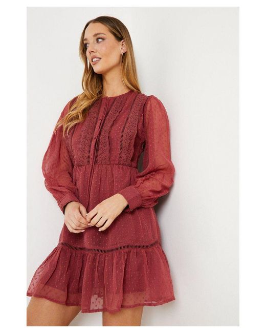 Oasis Red Dobby Scallop Trim Detail Mini Dress