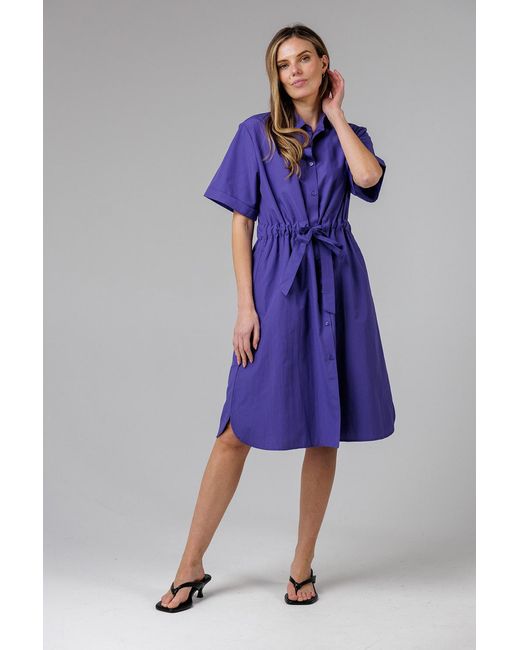 French Connection Blue Cotton Blend Short Sleeve Tie Waist Poplin Midi Shirt Dress