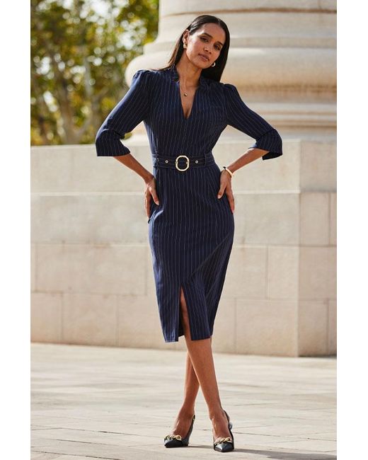 Sosandar Blue Pinstripe Belted Pencil Dress
