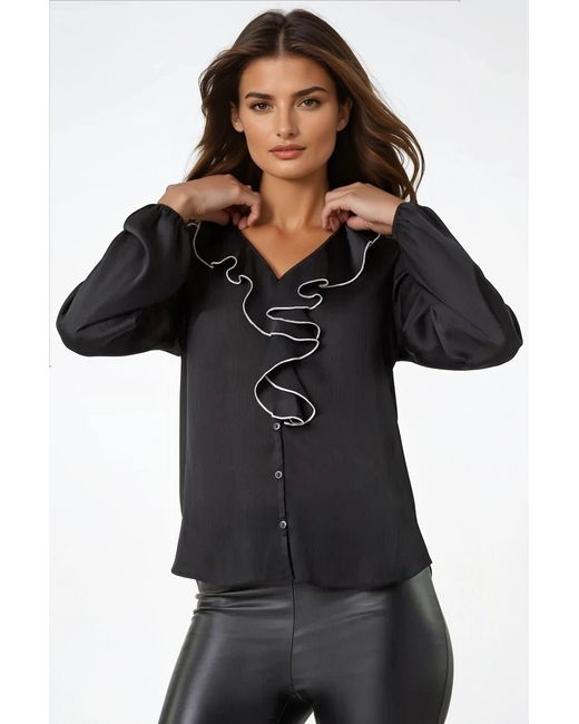 Secret Label Black Ruffle Front Blouse Trim
