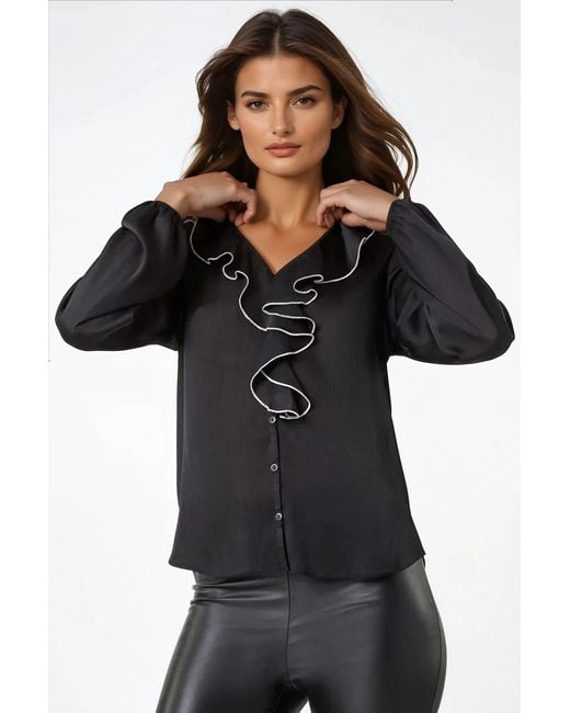 Secret Label Black Ruffle Front Blouse Trim