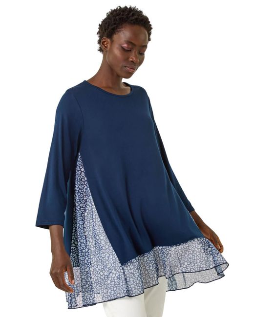Roman Blue Animal Print Contrast Mesh Hem Stretch Top
