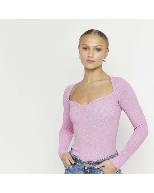River Island Top Pink Metallic Plunge Long Sleeve Viscose