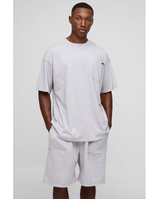 BoohooMAN Gray Oversized Washed T-Shirt & Drop Crotch Shorts Set for men