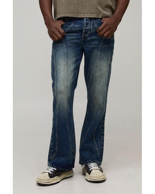 BoohooMAN Blue Straight Flared Washed Western Panel Jeans for men