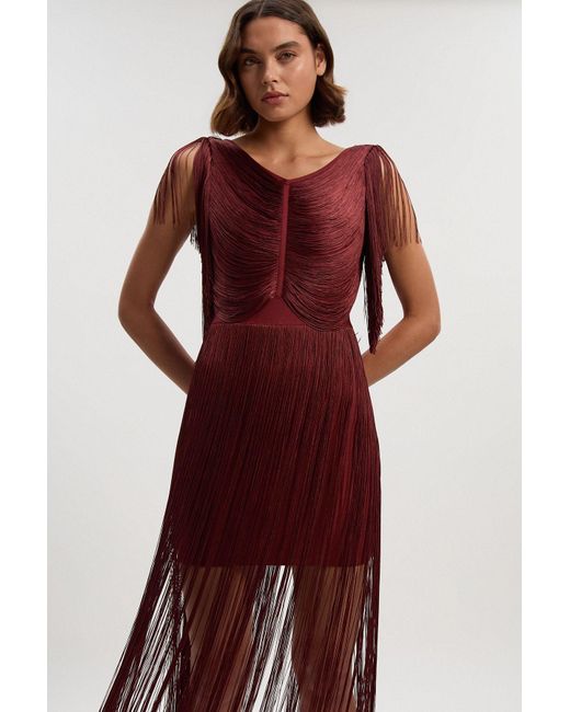 open lace back dress Karen Millen Red Petite Contrast Linen Plunge Maxi Dress UK 6 main image 0