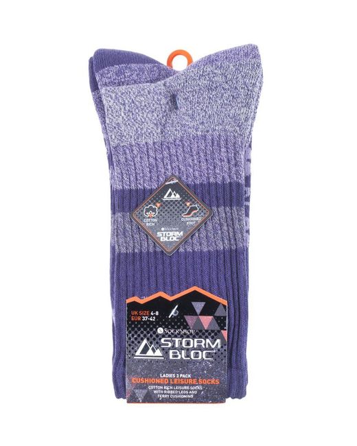 Storm Bloc Purple 3 Pairs Ladies Anti Blister Cotton Hiking Socks With Padded Sole